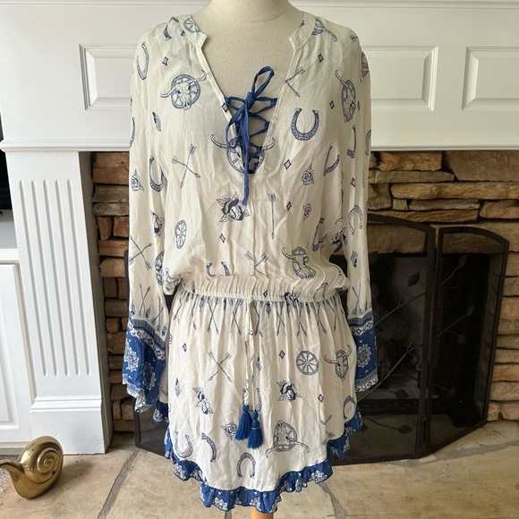 Last chance sale! NWT SURF GYPSY Blue Ivory Swim Beach Cover Up dress medium - Picture 5 of 11